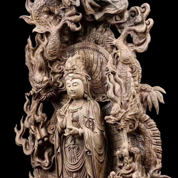 楽天市場】【天然沈香木彫】 騎龍観音（五龍） 仏教美術 仏像 仏教工芸 