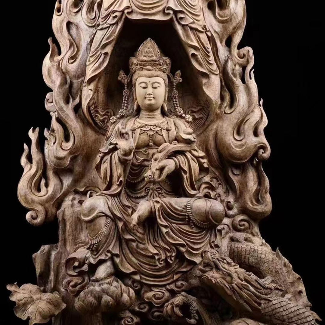 極上品 木彫仏像文殊菩薩座像 天然木檜材 一刀彫 財前彫刻 仏教工芸品