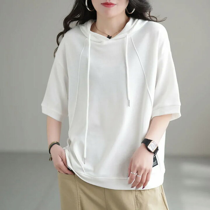 楽天市場】 綿 Tシャツ フード付き 白 プルオーバー 半袖 夏 半袖 