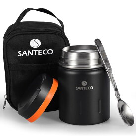 SANTECO 真空断熱 スープジャー 500ml 広口 保温保冷 ランチジャー保温弁当箱 スプーン 専用バッグ付 オシャレ 男女兼用 ピクニック 部活用 ブラック