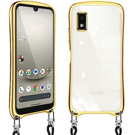 AQUOS Wish 3 ケース ショルダー クリア wish3 スマホケース アクオス ウィッシュ3 SH-53D カバー 耐衝撃 肩掛け 首掛け 可愛い かわいい 韓国 透明 TPU 長さ調整可能 取り外し可能(ゴールド)