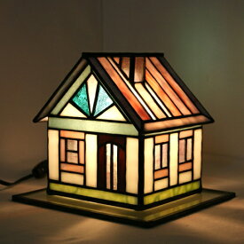 ステンドグラス・ミニハウスランプ（G）ピンクの屋根