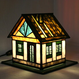 ステンドグラス・ミニハウスランプ（H）オリーブ色の屋根