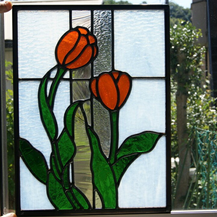 楽天市場 ステンドグラス 建物パネル 鉛線方式 チューリップ オレンジ色 ステンドグラス 七色つむぎ