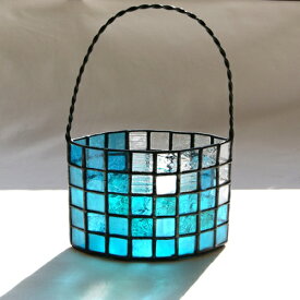 ガラスの花かご小物入れ・（楕円型）青