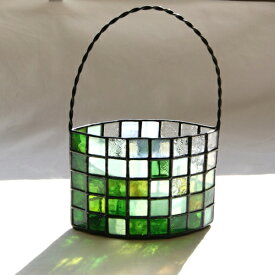 ガラスの花かご小物入れ・（楕円型）緑