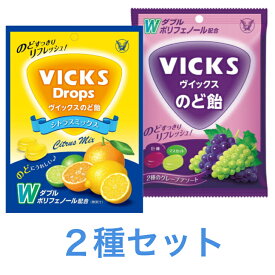 大正製薬 ウ゛ィックスのど飴 シトラスミックス 70g 2種のグレープアソート 70g 2種セット ミント 緑茶 袋入り 個包装タイプ 2種類ポリフェノール配合 送料無料 追跡付き発送