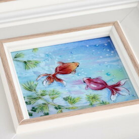 金魚　　七宝焼　七宝焼き　七宝絵画　額　アート　水彩画　夏　絵　絵画　絵画額入り　額縁付き　イラスト　ガラス　　プレゼント　新築祝　ナチュラル　インテリア　リビング　玄関　壁掛け　誕生日　記念日　母の日　退職祝　結婚祝い　新築祝
