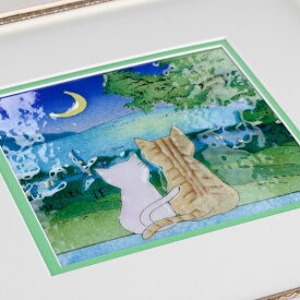 月夜のネコ　ねこ　七宝焼　七宝焼き　七宝絵画　額　アート　水彩画　絵　絵画　絵画額入り　額縁付き　イラスト　ガラス　花　花束　プレゼント　新築祝　ナチュラル　インテリア　リビング　玄関　壁掛け　誕生日　記念日　母の日　退職祝　結婚祝い