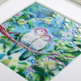 寄り添うインコ　鳥　野鳥　七宝焼　七宝焼き　七宝絵画　絵　絵画　額　絵画額入り　額縁付き　アート　フレーム　　プレゼント　新築祝　結婚祝　癒し　インテリア　玄関飾り
