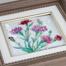 カーネーション　七宝焼　七宝焼き　七宝絵画　絵　絵画　額　アート　フレーム　タイル　花　インテリア　絵画額入り　誕生日　母の日　退職祝　結婚祝い　新築祝　色褪せないアート　癒しのアート　ハーブ　アクセント　キッチン　インテリア