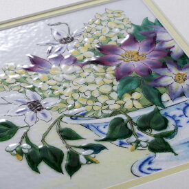 クレマチス　七宝焼　七宝焼き　七宝絵画　絵　絵画　額　アート　フレーム　　花　花束　インテリア　絵画額入り　誕生日　母の日　退職祝　結婚祝い　新築祝　色褪せないアート　癒しのアート　アクセント　インテリア　玄関飾り