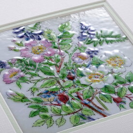 ハマナスのブーケ　七宝焼　七宝焼き　七宝絵画　額　アート　水彩画　絵　絵画　イラスト　ガラス　花　花束　プレゼント　新築祝　インテリア　壁掛け　額入り　誕生日　母の日　　記念品