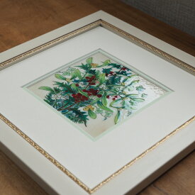 ヤドリギとヒイラギ　七宝　額　アート　水彩画　絵　絵画　イラスト　ガラス　花　花束　プレゼント　新築祝　クリスマス