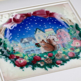 クリスマスリース　七宝焼　絵画　アートフレーム　プレゼント　贈り物　額　水彩　ガラス　工芸