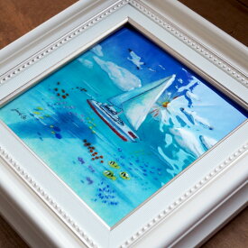 ヨット　七宝 七宝焼　絵　絵画　夏の絵画　夏休み　プレゼント　贈り物　額　水彩　ガラス　工芸　海