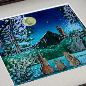 月見るうさぎ 七宝焼 額 アート 壁飾り 油絵水彩画 玄関 リビング インテリア 絵本　　絵画額入り　額縁付き　イラスト　ガラス　　プレゼント　　インテリア　リビング　玄関　壁掛け　新築祝