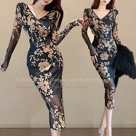 きれいめ 上品 キャバ ドレス ロング ワンピース 花柄 ロングドレス セクシー ドレス パーティードレス ロングワンピース 長袖 カシュクール ドレスワンピース 春 夏 秋 冬 リゾートワンピ マキシ丈ワンピース ミモレ 結婚式 キャバワンピ ボディコン シースルー