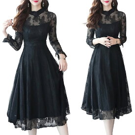 .【送料無料】ワンピース レディース 長袖 ワンピース 秋冬 春 結婚式 ミディアム 膝丈 タイト Aライン 大きいサイズ パーティー 大人 上品 シースルー レース フレア ドット ブラック 黒 かわいい
