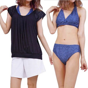水着 レディース 大きいサイズ タンキニ ママ水着 ビキニ 30代 40代 50代 60代 体型カバー タンキニ水着 ぽっちゃり ショートパンツ ママ ミセス パンツ セパレート セット 4点セット 半袖 太も