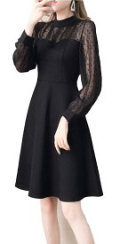 .【送料無料】ワンピース レディース 長袖 ワンピース 秋冬 春 結婚式 ミディアム 膝丈 タイト Aライン 大きいサイズ パーティー 大人 上品 シースルー レース プリーツ 厚手生地 ドット ブラック 黒 ピンク かわいい 7号 S M 1113号 15号 LL 二次会 OL 通勤
