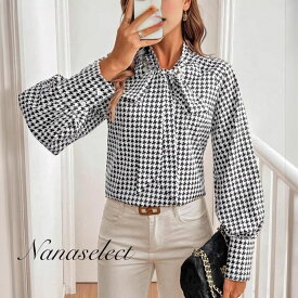 立ち襟 千鳥格子 リボン ボウタイ ブラウス フォーマル プルオーバー レディース 長袖 オフィス シャツ トップス リボンタイ 大人 きれいめ 華やか カジュアル シワになりにくい チュニック 30代 40代 50代 60代 入学式 卒業式 春 秋 冬 大きいサイズ ハイネック 白黒