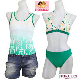 .レディース高級ブランド水着【FIORUCCI フィオルッチ】 NIKKI製造 POPなロゴ入りタンキニ＋ボーダー柄ホルターネックビキニ＋カバーパンツ付き4点セット 緑9号M9M ￥3980以上 送料無料