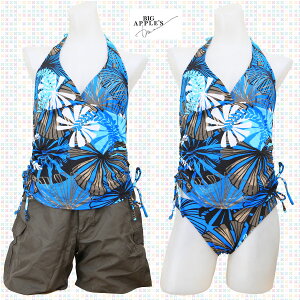 レディースブランド水着 【BIG APPLE’S DREAM】 大人でセレブなフラワープリント柄 ホルターネックサイドシャーリングタンキニ+カバーパンツ 3点セット 大きいサイズ9号M11号L13号L・15号LL・フ