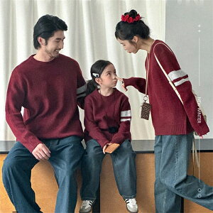 親子 ペアルック 赤ちゃん セーター カジュアル 冬 uネック レトロ ゆったり 赤 カットソー 親子ペアルック 春 秋 ニット トップ