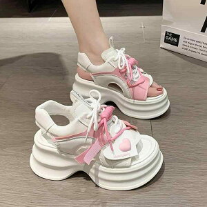 サンダル スポサン 厚底 韓国系 可愛い スニーカー レディース 白 ピンク グレー 黒 ハート タグ 紐デザイン ぽってり かわいい