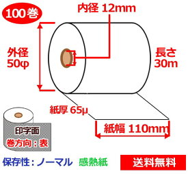 感熱ロール紙 110mm×50mm×12mm 65μ 100巻 サーマルロール紙 レジロール 感熱レジロール紙 送料無料