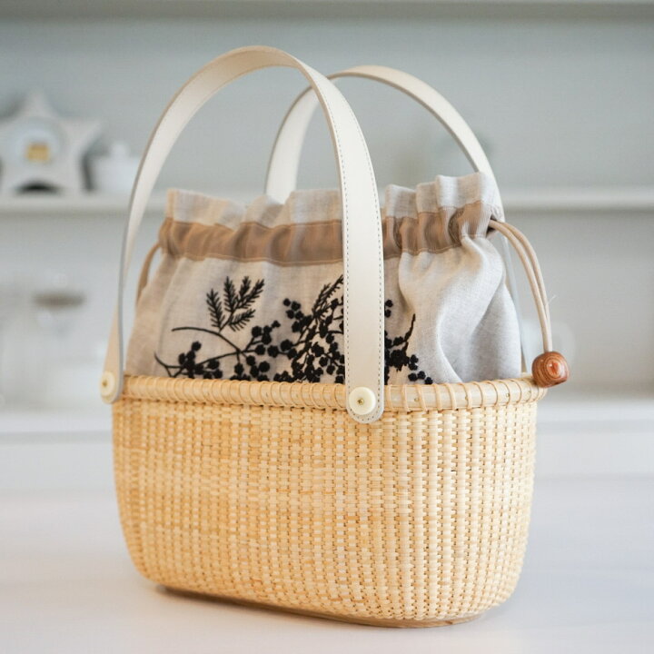 楽天市場】手刺繍ミモザ内袋付きナンタケット バスケット バントレイ 