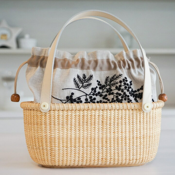 楽天市場】手刺繍ミモザ内袋付きナンタケット バスケット バントレイ 