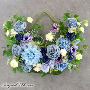 壁掛け 造花 リース 青 インテリア おしゃれ フラワーリース 豪華 アレンジ 特大