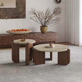 センターテーブル ローテーブル 2個セット ネストテーブル おしゃれ 丸型 円形 トラバーチン風 洞石 大理石調 木製 天然木 コーヒーテーブル モダン デザイナーズ 高級感 カフェ風 リビングテーブル 北欧 和モダン 侘寂 インテリア 家具 インスタ映え
