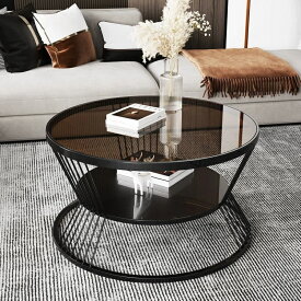 ローテーブル センターテーブル ガラス 丸型 2段 収納棚付き 2層 おしゃれ 円形 強化ガラス 飛散防止 頑丈 大容量収納 スタイリッシュ モダン 高級感 北欧 ヴィンテージ アンティーク レトロ 1人暮らし ワンルーム 新生活 リビング カフェ 客室 応接室 ホテル 待合室