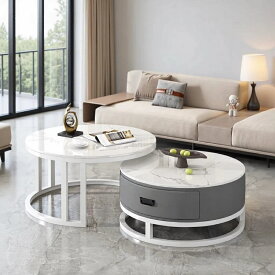 イタリアンモダン センターテーブル 2点セット ネストテーブル 大理石調 天板 セラミック 円形 ローテーブル 収納 引き出し付き 丸型 サイドテーブル 高級感 1人用 2人用 リビングテーブル 伸縮 省スペース 1人暮らし おしゃれ モダン 北欧 スタイリッシュ インテリア