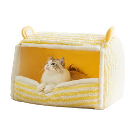 猫ハウス 冬用 ドーム型 ペットハウス ペットベッド 犬猫用ベッド クッション付き ふわふわ もこもこ 暖かい 小型犬 猫 室内用 防寒 保温 滑り止め 洗える ペット用寝具 イエロー ストライプ