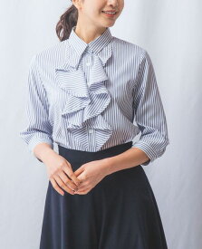 【50%OFF】《 フリルブラウス ストレッチ ストライプ フリル 七分袖 シャツ 》レディーストップス ブラウス フリル きれいめ ナラ カミーチェ NARACAMICIE ナラカミ アウトレット 送料無料