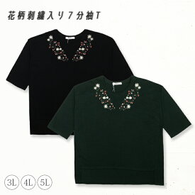 [最大550円OFFクーポン配布中 4/27 9:59まで] レディース 7分袖 刺繍 花柄 トップス カットソー カジュアル 楽ちん ゆったり ビッグT テレワーク リモート 女性 大人 春物 秋物 3L 4L 5L 011-3054