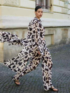 カジュアルセットアップ レディース 女性用 ツーピース ヒョウ柄 ロング丈 カーディガン シャツ ハイウエスト ロングパンツ ボトムス おしゃれ ファッション 普段使い リラックスウェア ポ