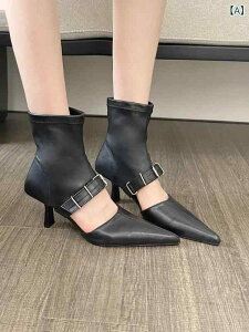 サマーブーツ レディース フレンチ シック エレガント 個性的デザイン セクシー ベルトバックル ポインテッドトゥ カットアウト オープンワーク 細ヒール ハイヒール 合皮 フェイクレザー