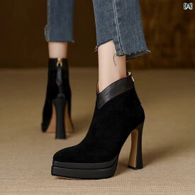 ブーツ レディース 秋冬 ポインテッドトゥ Vカット 細ヒール ハイヒール ストーム アンクル丈 スエード調 起毛素材 ブラウン ブラック バックジップ 快適