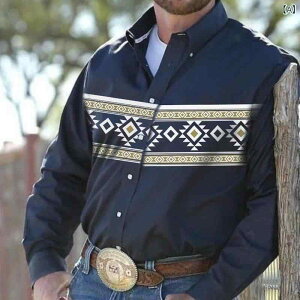 シャツ メンズ 男性用 紳士 ウエスタン カウボーイ レトロ ビンテージ パンク風 トレンド ファッション 3Dデジタルプリント ダブルポケット 長袖 ポリエステル ストレッチ カジュアル 普段使