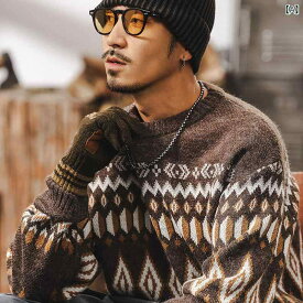 ニット メンズ アメリカンレトロ アメカジ ヘビーウェイト 厚手 民族調 ジャガード プルオーバー クルーネック セーター ゆったり 長袖 秋冬 アクリル カジュアル