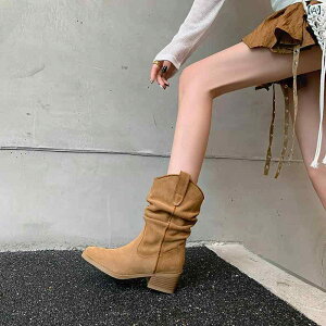 ブーツ レディース 本革 スエード マラード ブラウン クシュクシュ ギャザー ルーズ ウエスタンブーツ ショートブーツ ミドル丈 ワークブーツ ポインテッドトゥ チャンキーヒール プルオン