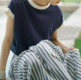 ニットトップス レディース 夏 プルオーバー クルーネック 五分袖 切り替え レギュラーフィット 中肉素材 ポリエステル綿混紡 カジュアル ネイビー オフホワイト セーター 丸首