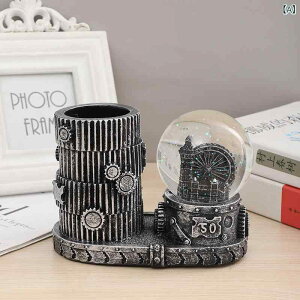 置物 レトロ アンティーク調 エッフェル塔 水晶球 LEDライト付き ペン立て ペンホルダー 卓上収納 デスク リビング 書斎 インテリア オブジェ 樹脂製 シルバー ブロンズ ギフト 贈り物