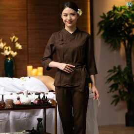 ユニフォーム レディース 女性用 セットアップ 上下セット チャイナ風 中華風 美容サロン エステ スパ 整体 鍼灸 マッサージ リラクゼーション 施術着 セラピスト スタッフ 吸湿速乾 ポリエステル(x2)