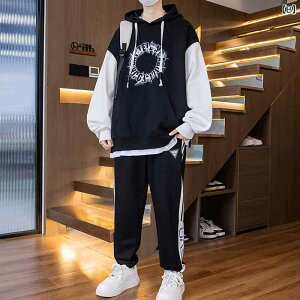 パーカー 男の子 中高生 ティーン フード付き フェイクレイヤード 重ね着風 ロングパンツ セットアップ 上下セット 綿混 コットンブレンド 春秋 カジュアル 韓国風